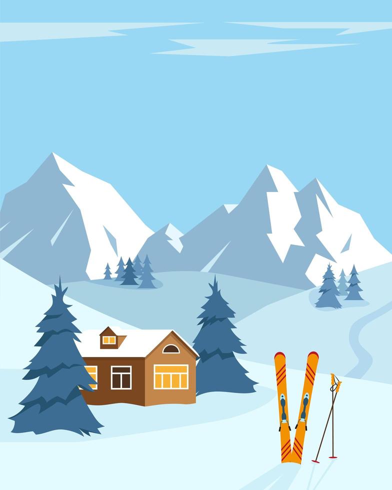 paisaje de invierno de nieve con esquí. vector