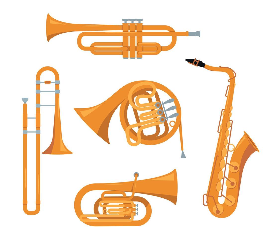 Set of wind classical musical instruments isolated on white background.  Golden Trumpet, Tuba, Saxophone, Trombone and French Horn icons. Vector  illustration in flat or cartoon style. 5337972 Vector Art at Vecteezy
