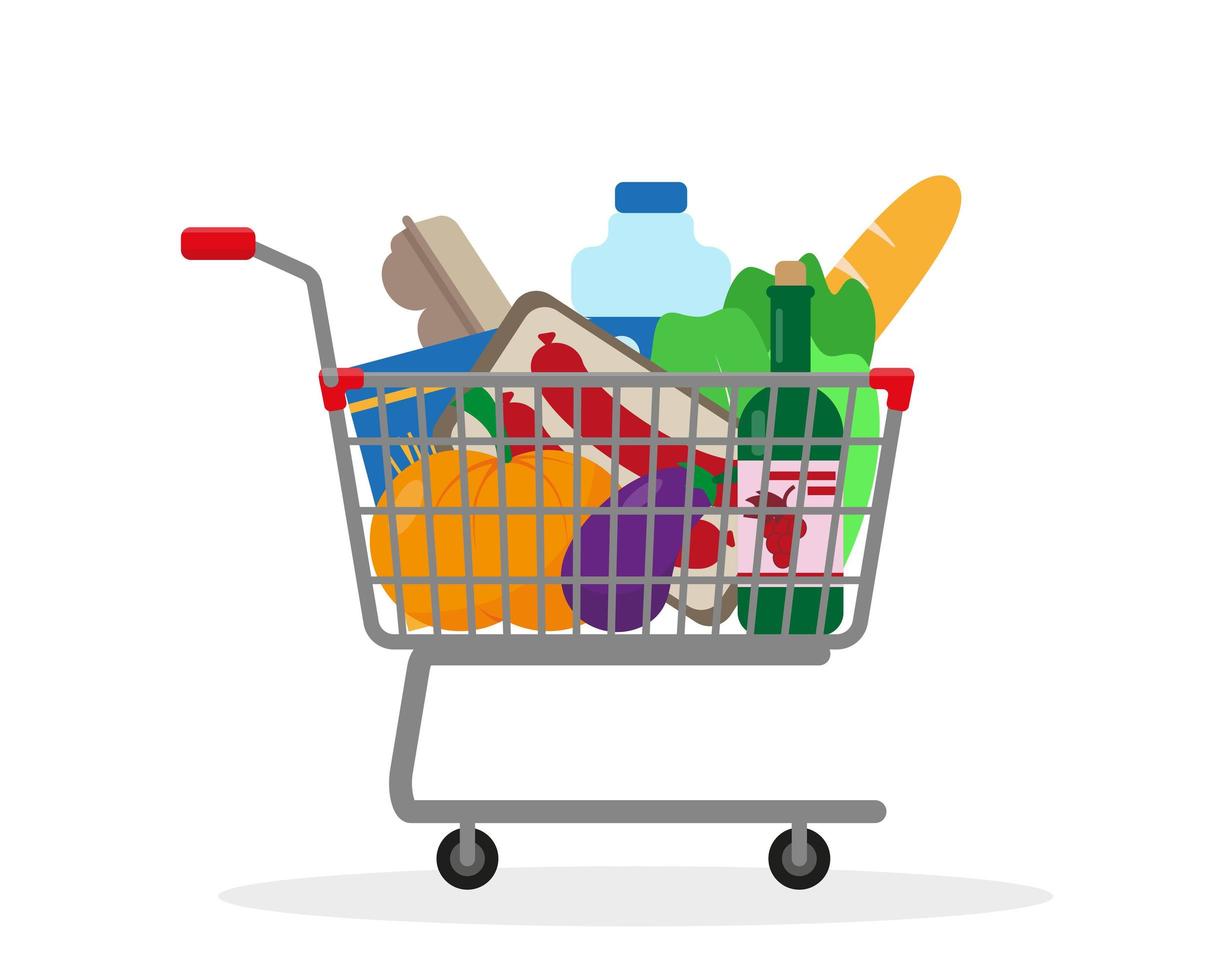Shopping trolley full of food. vector