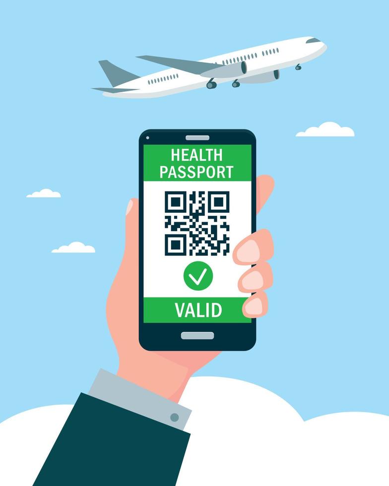 mano que sostiene el teléfono inteligente con el código qr del pasaporte de salud en la pantalla y el avión en el cielo. concepto de seguridad al viajar después de la pandemia de covid-19. ilustración vectorial de viaje. vector