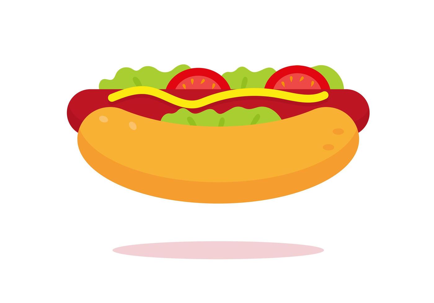Hotdog with sausage, tomatos, salad and mustard. vector