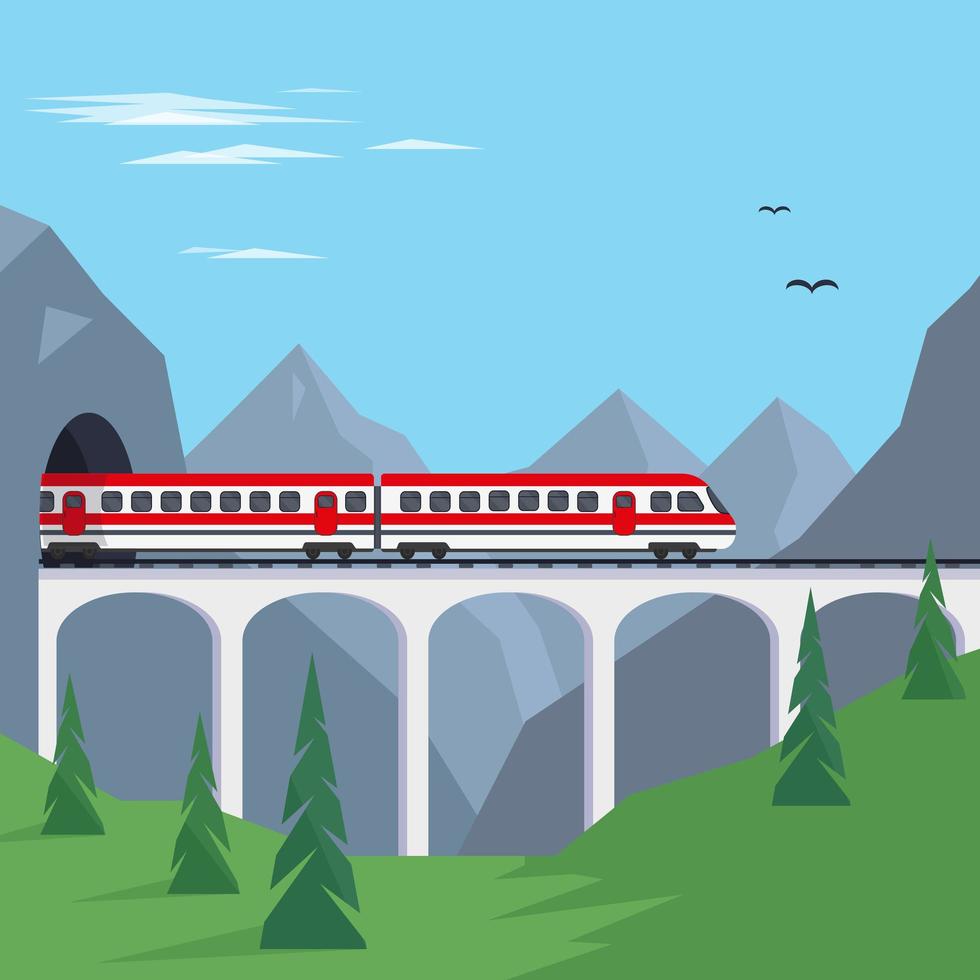 Train on bridge in mountains. vector