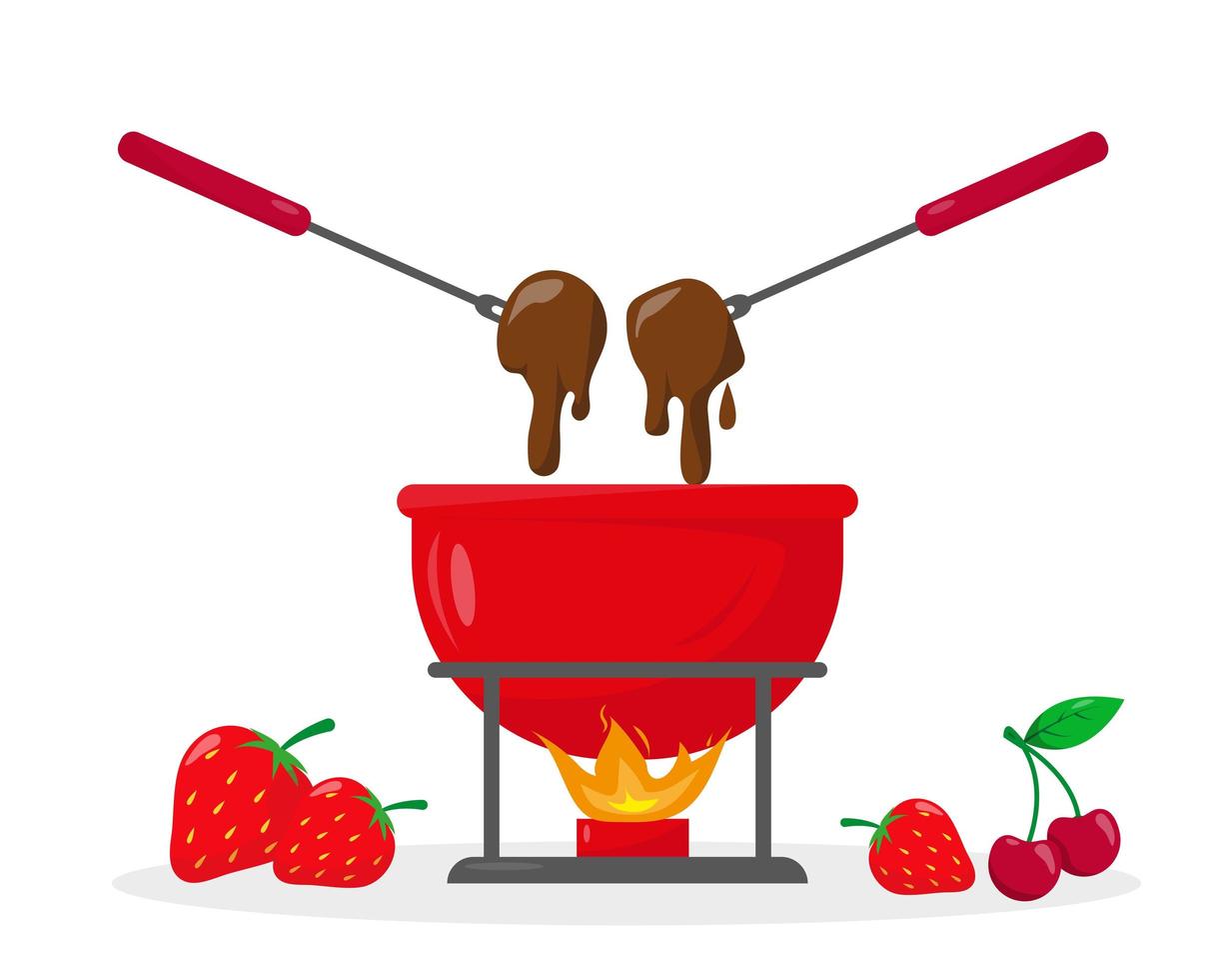 Chocolate fondue in ceramic bowl and berries vector