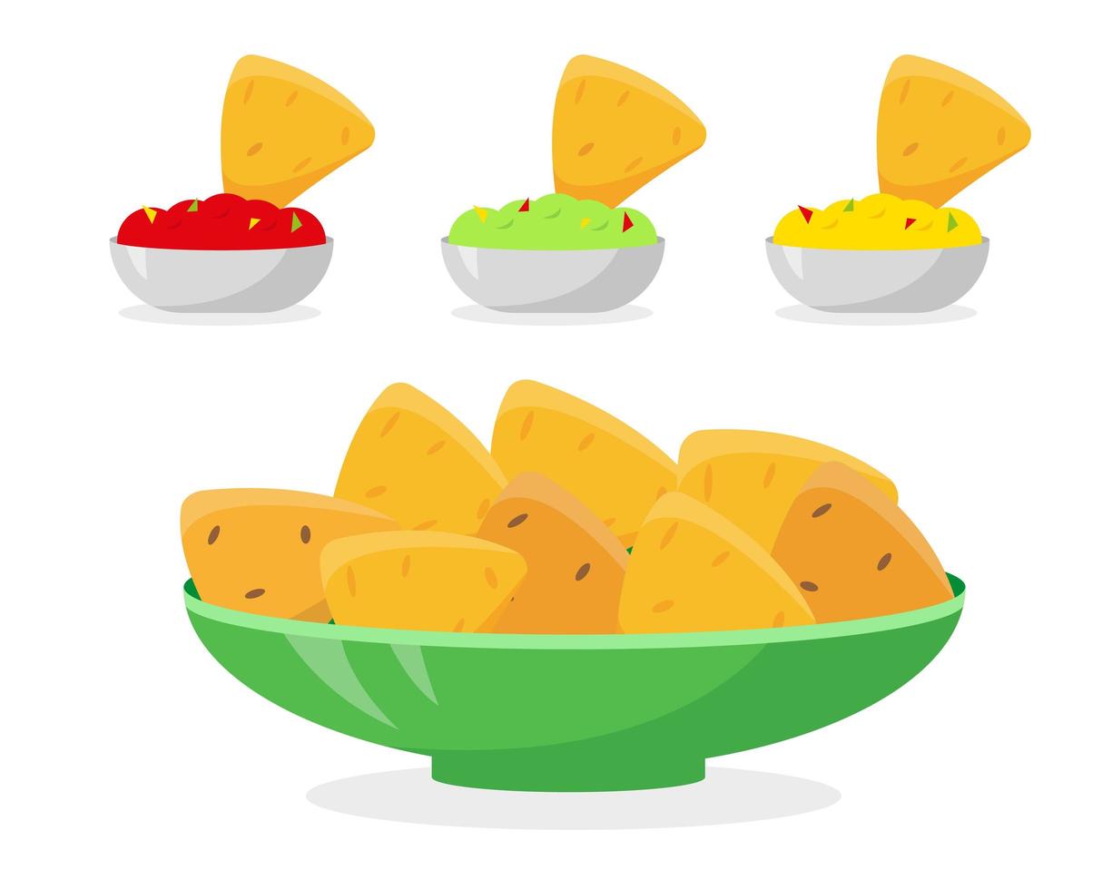 Nachos in plate and different sauces vector