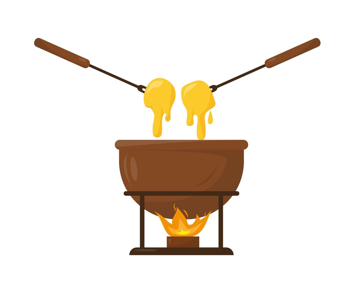Cheese fondue in ceramic bowl with fire. vector