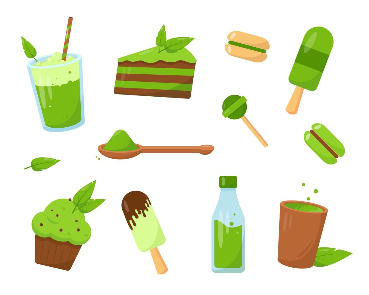 conjunto de postres matcha sobre fondo blanco. vector