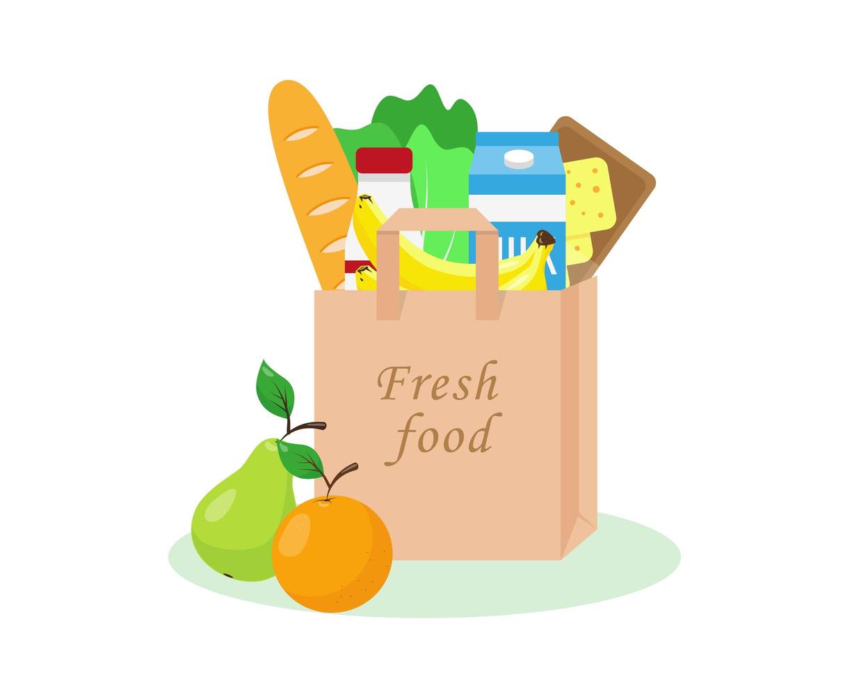 Paper bag full of fresh grocery. vector