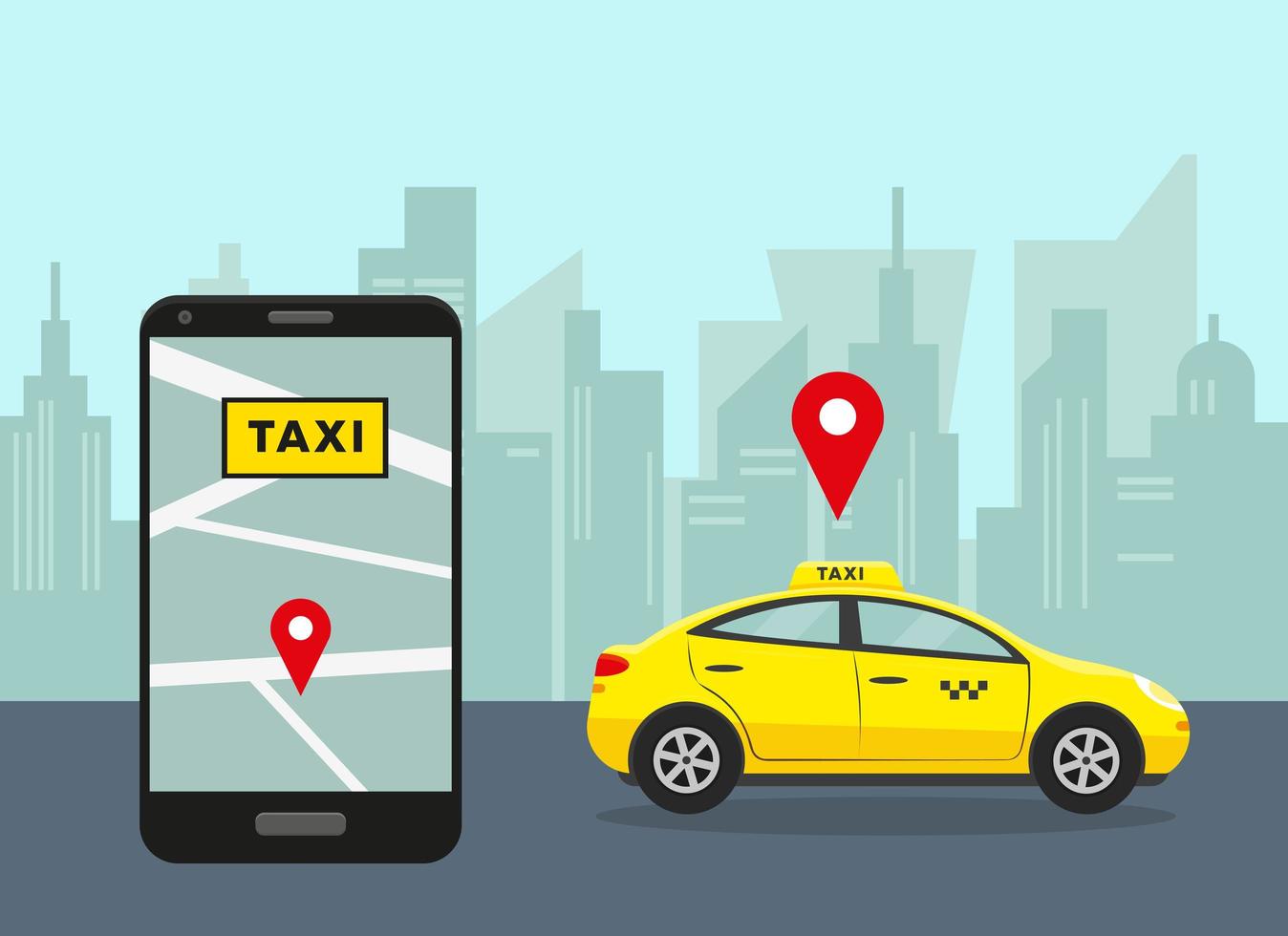 taxi en ciudad y smartphone con aplicación móvil. vector