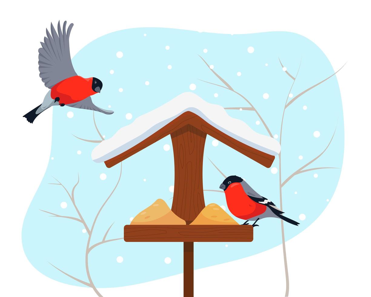 Bird feeder and two bullfinches in winter. vector