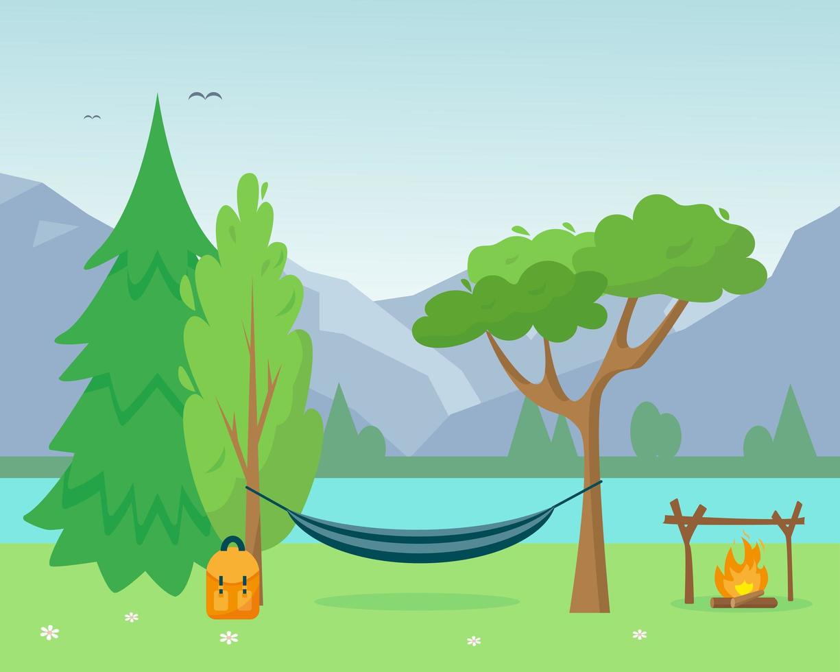 Hammock near the lake and mountains. vector