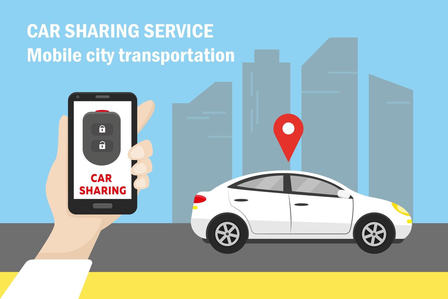 Car sharing and mobile city transportation concept. White car in the city and hand holding smartphone with car key on the screen. Vector illustration.
