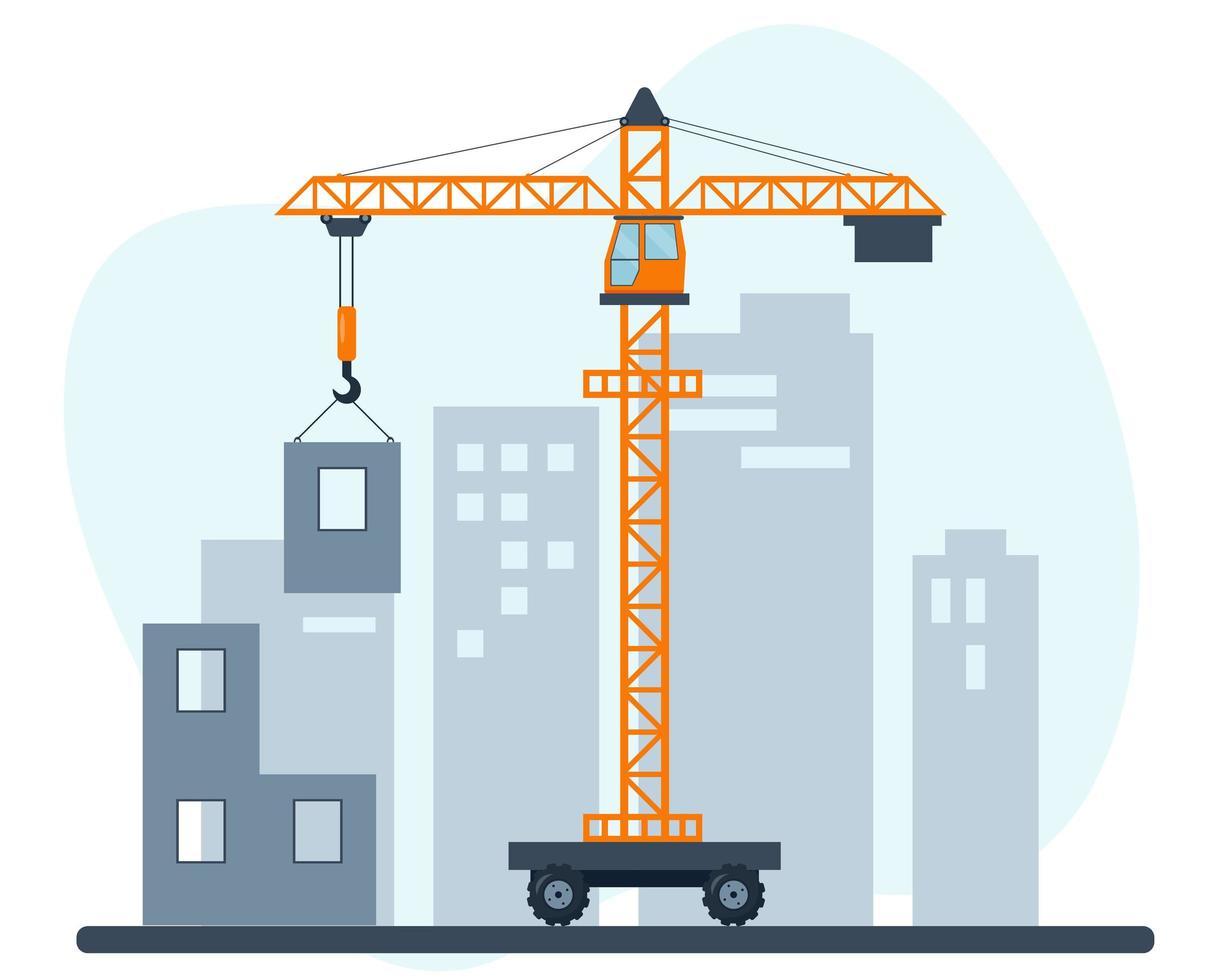 Orange lifting crane at construction site. vector