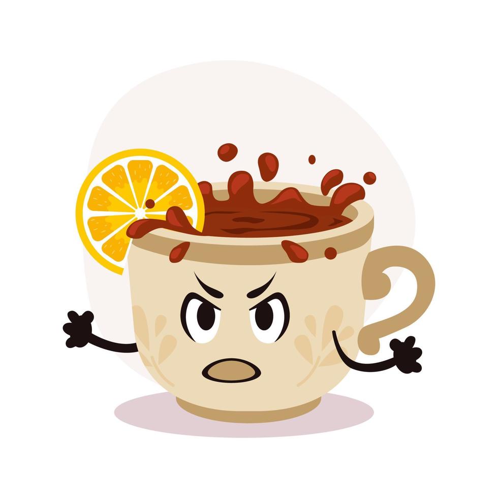 Vector white tea cup with hot drink. Tea with lemon piece. Angry cartoon character with print on surface