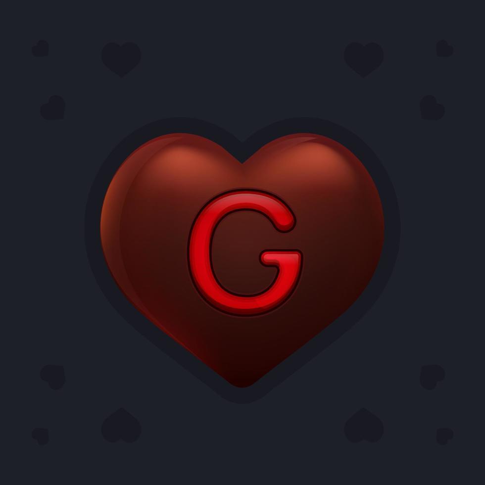 Chocolate heart with a marmalade letter G inside. Valentines day decoration element for design banner, card or any advertising vector