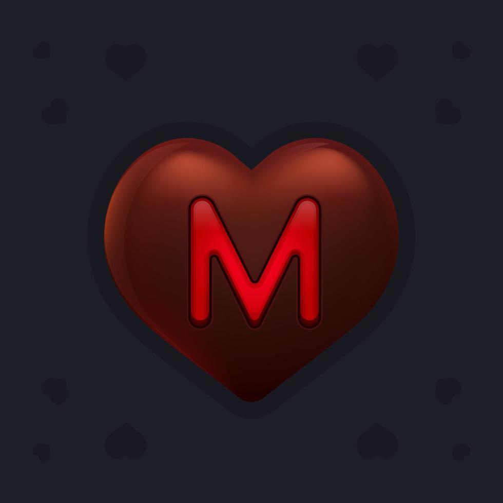 Chocolate heart with a marmalade letter M inside. Valentines day decoration element for design banner, card or any advertising vector