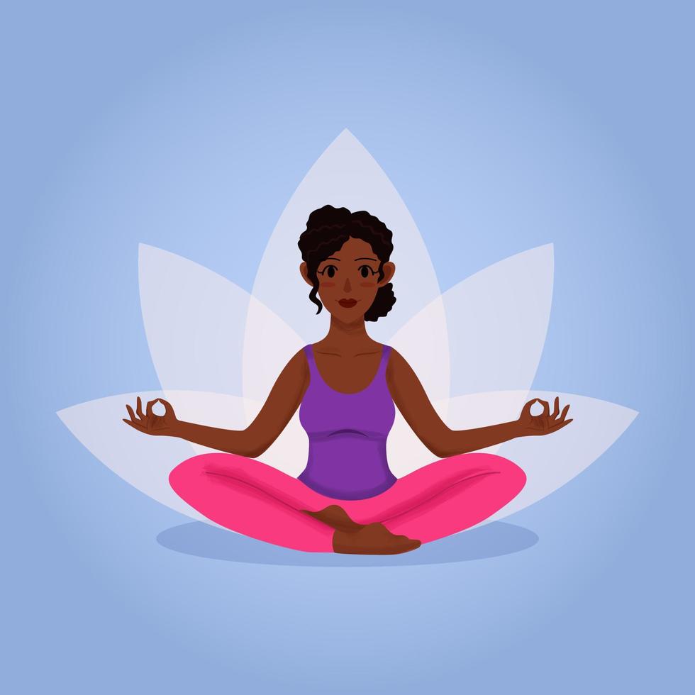 Young afro woman with curly hair practice yoga pose sitting on floor in lotus pose sakhusana vector