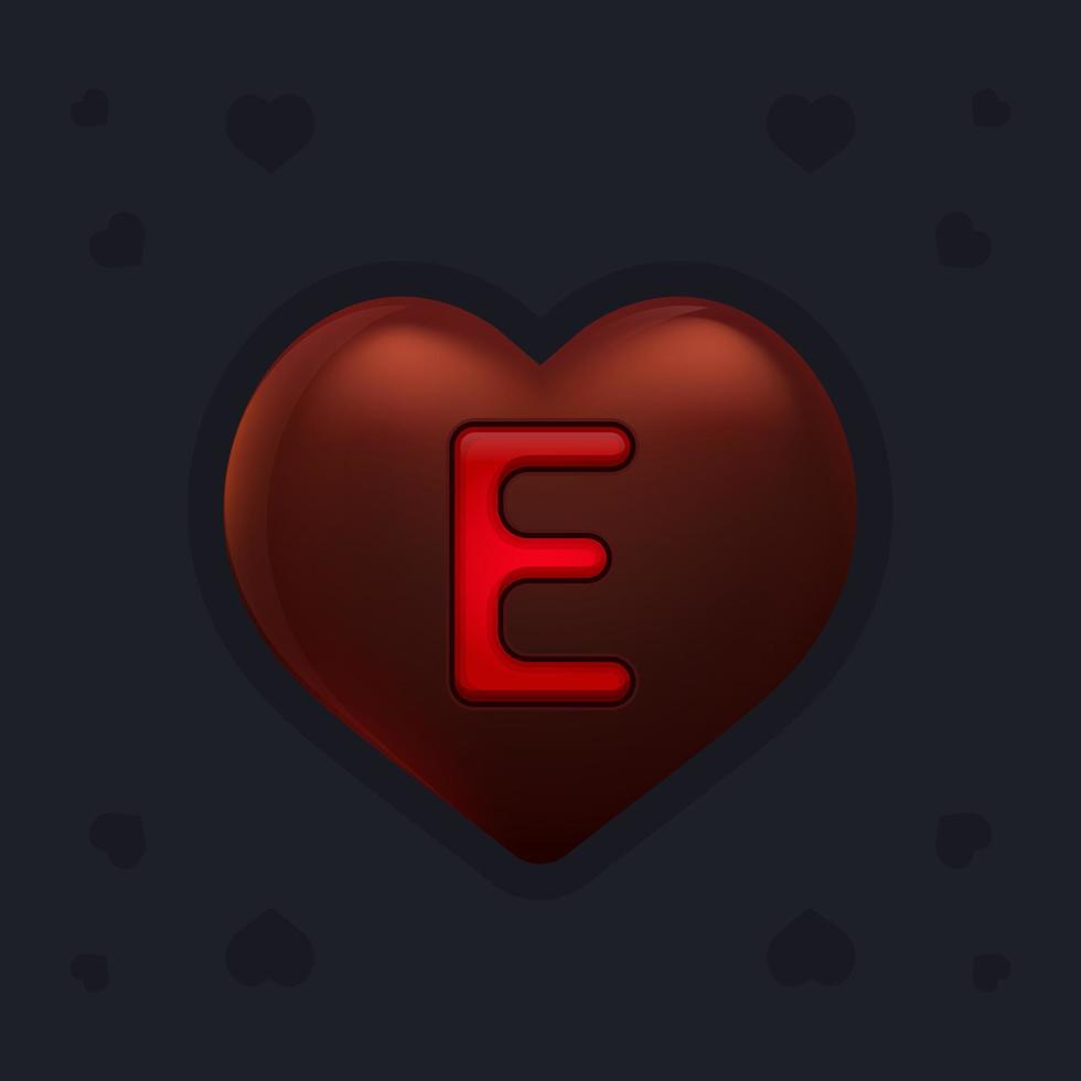 Realistic dark chocolate heart with marmalade letter E inside. Valentines day decoration element for design banner, card or any advertising vector