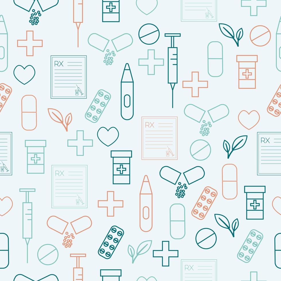 Medical outline seamless pattern with pill, syringe, heart, prescription. Vector illustration on green background