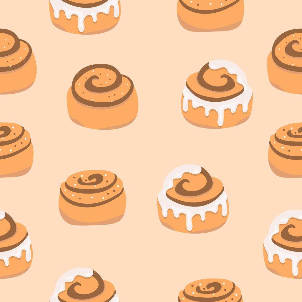 panecillo de canela de patrones sin fisuras. rollo dulce con glaseado de azúcar y chocolate sobre fondo beige. ilustración vectorial vector