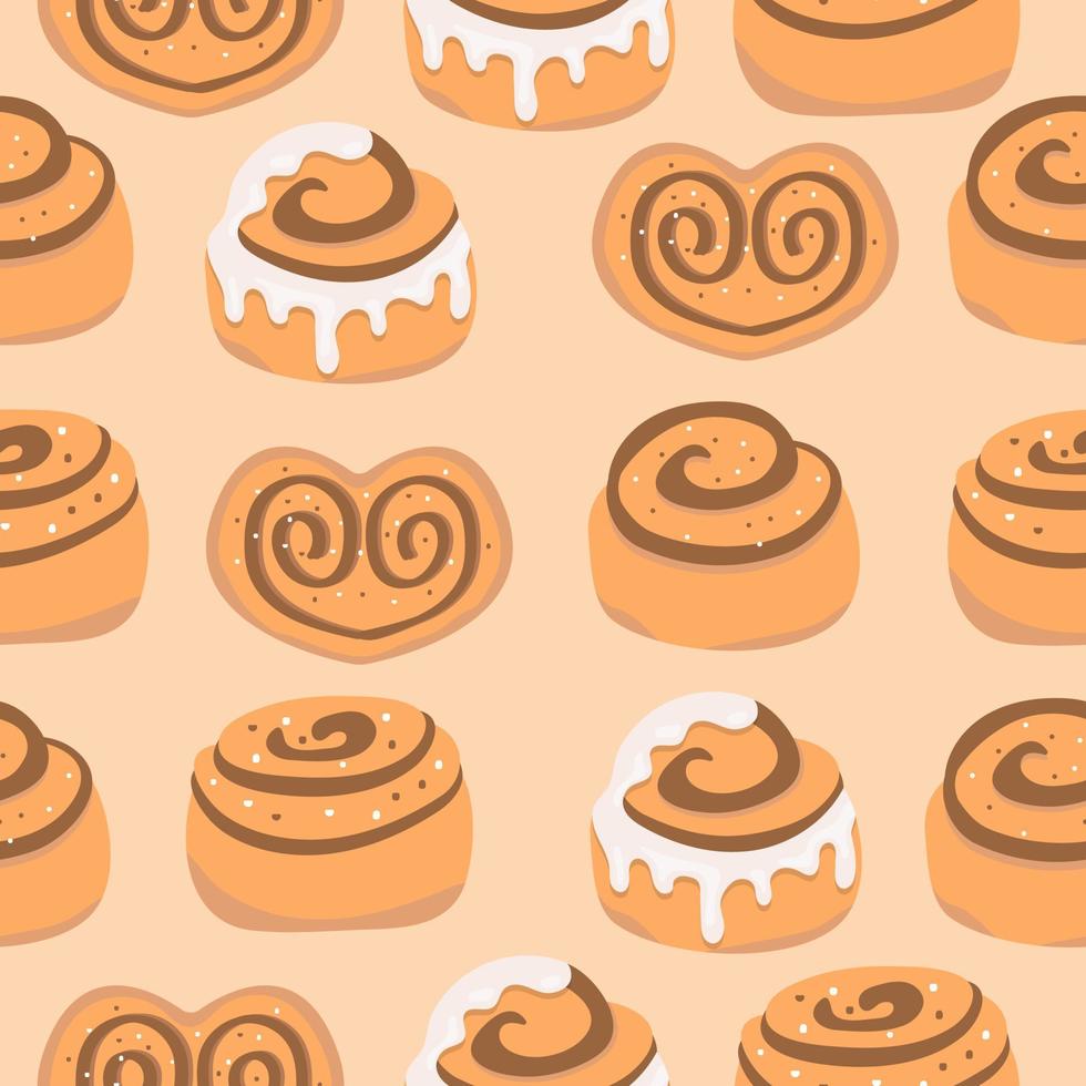 panecillo de canela de patrones sin fisuras. rollo dulce con glaseado de azúcar y chocolate sobre fondo beige. ilustración vectorial vector