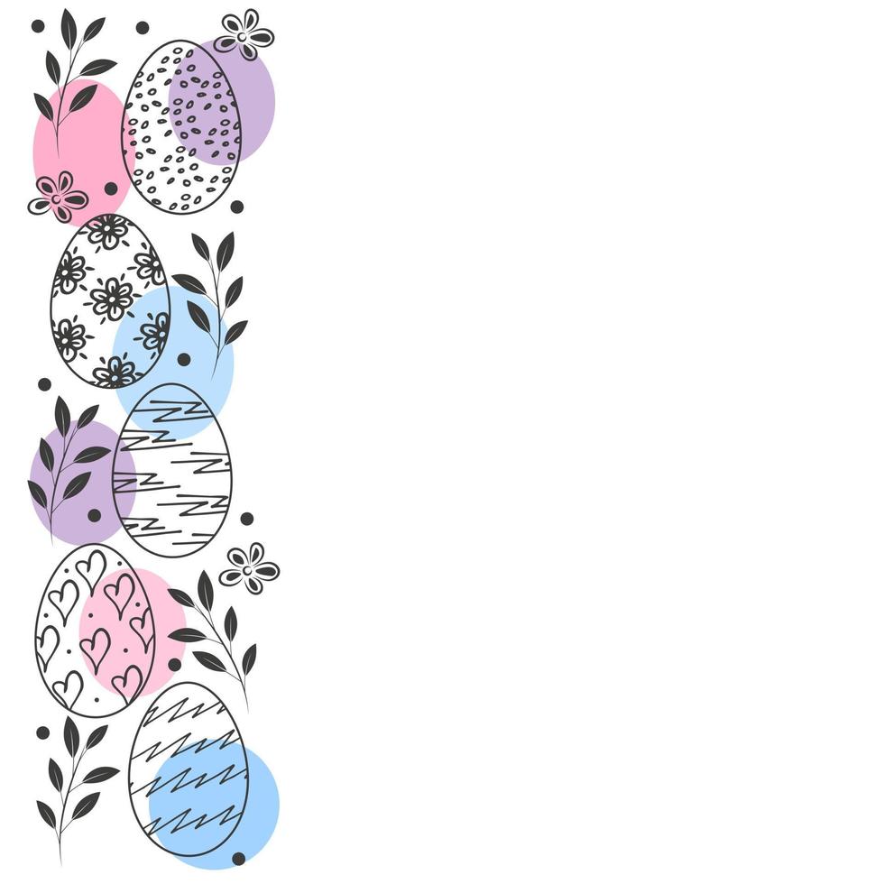 Easter eggs, branch and flower vertical border. Holiday card on white background. Vector illustration