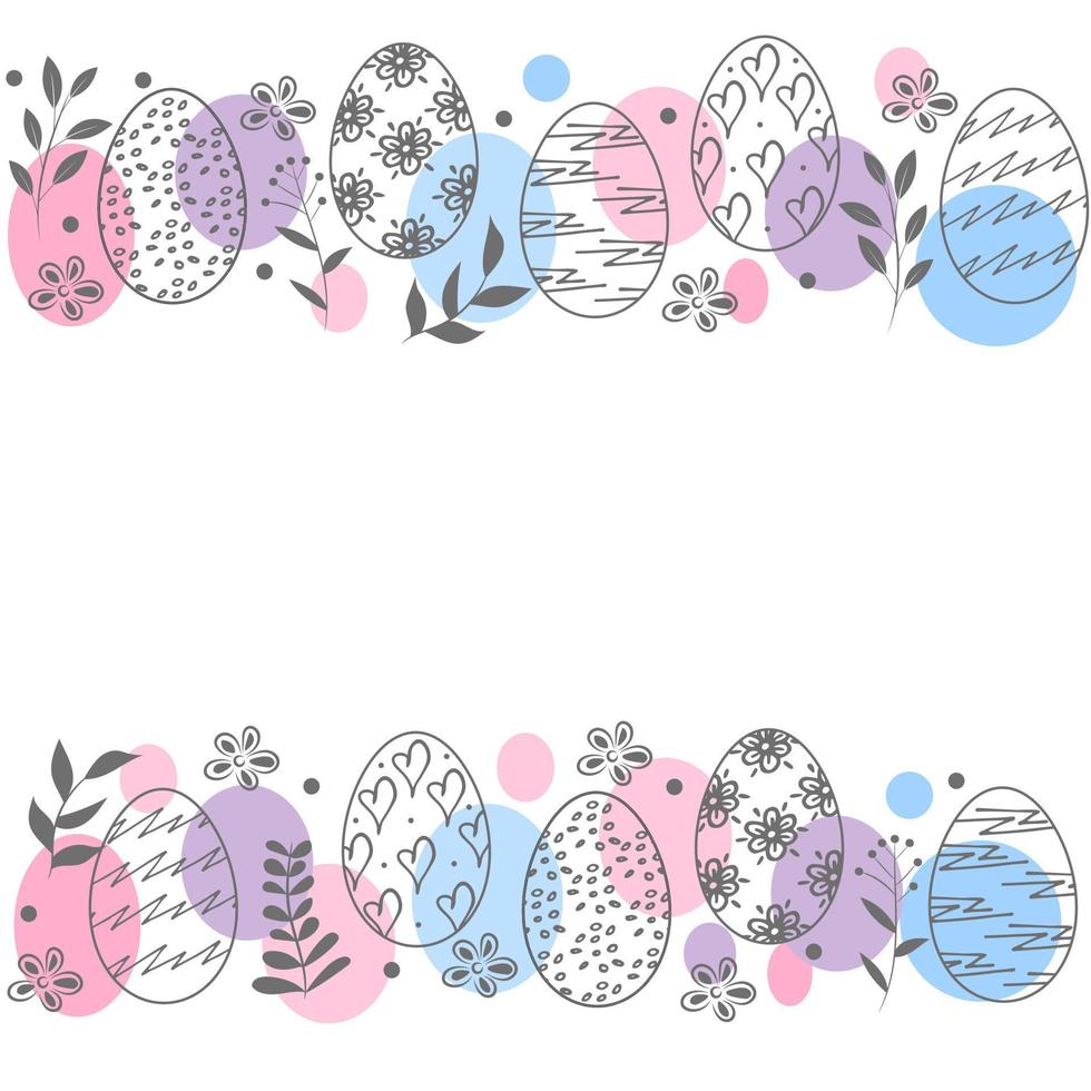 Easter eggs, branch and flower border. Holiday card with space for text on white background. Vector illustration