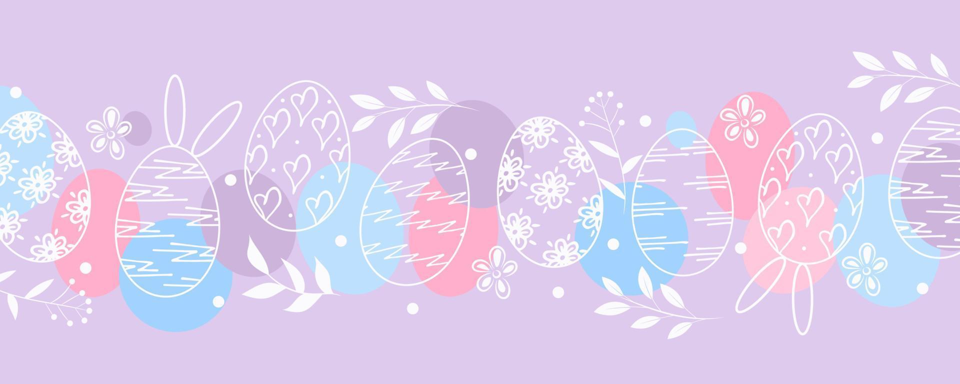 Easter eggs, branch and flower border. Holiday card on lilac background. Vector illustration