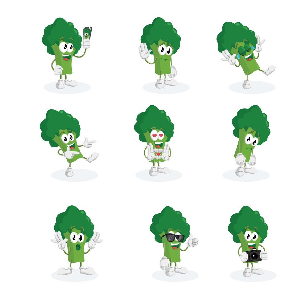 brócoli vegetal personaje de dibujos animados ilustración mascota conjunto paquete vector