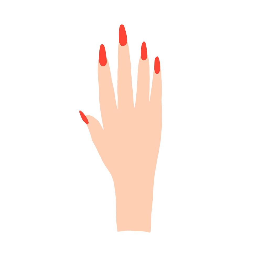 Female hand with beautiful manicure fashionable nail design. Red nail polish. Manicure symbol. Vector illustration. For cards, posters, stickers and professional design.