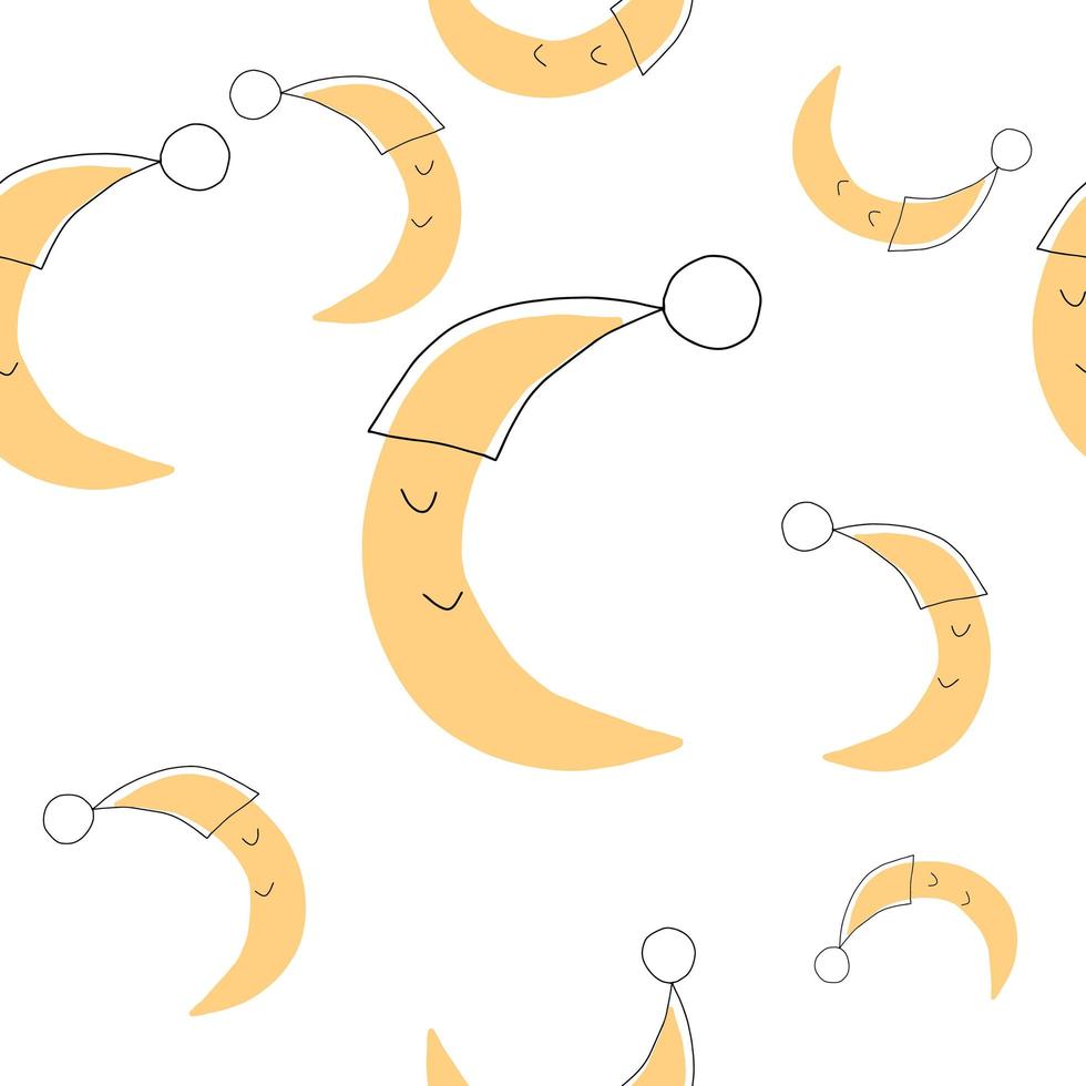 Cute sky pattern. Seamless vector design with smiling, sleeping moon. Pattern for prints, posters, wrapping paper, backgrounds, wallpaper, scrapbooking, textile, kids fashion, stationary. Hand drawn.