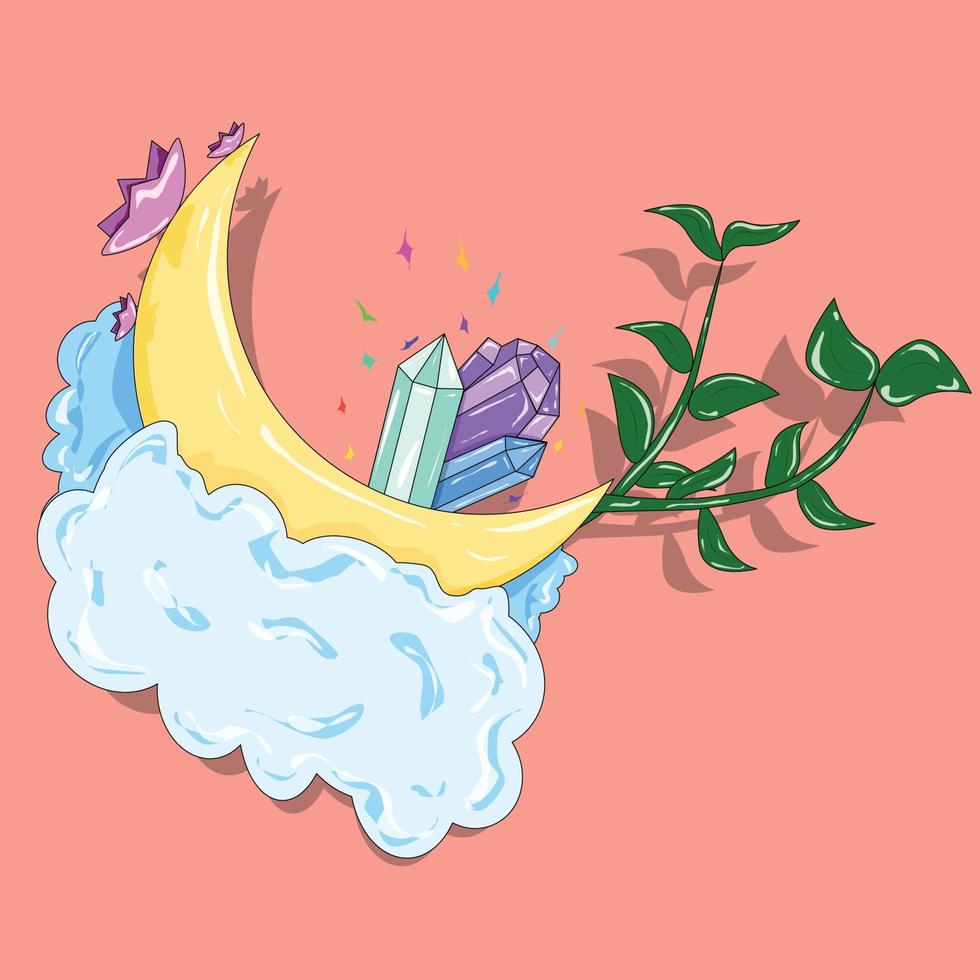 Magic moon with crystal lotuses and plants vector