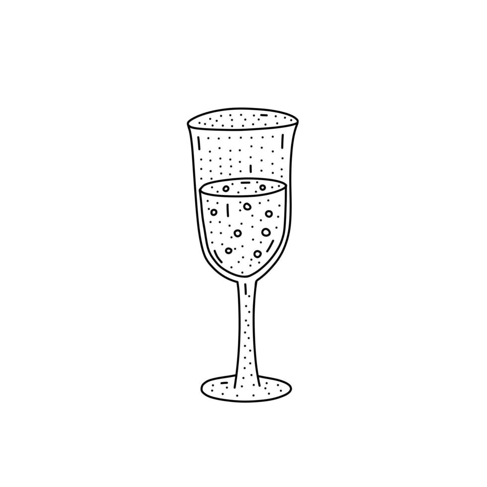 Hand drawn glass of champagne icon in doodle style. Cartoon glass of champagne vector icon for web design isolated on white background.