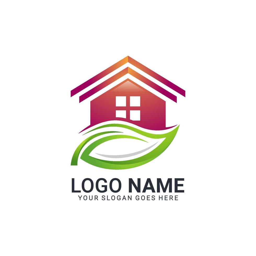 Abstract Orange House Combined with Green Nature Leaf Logo Design. vector