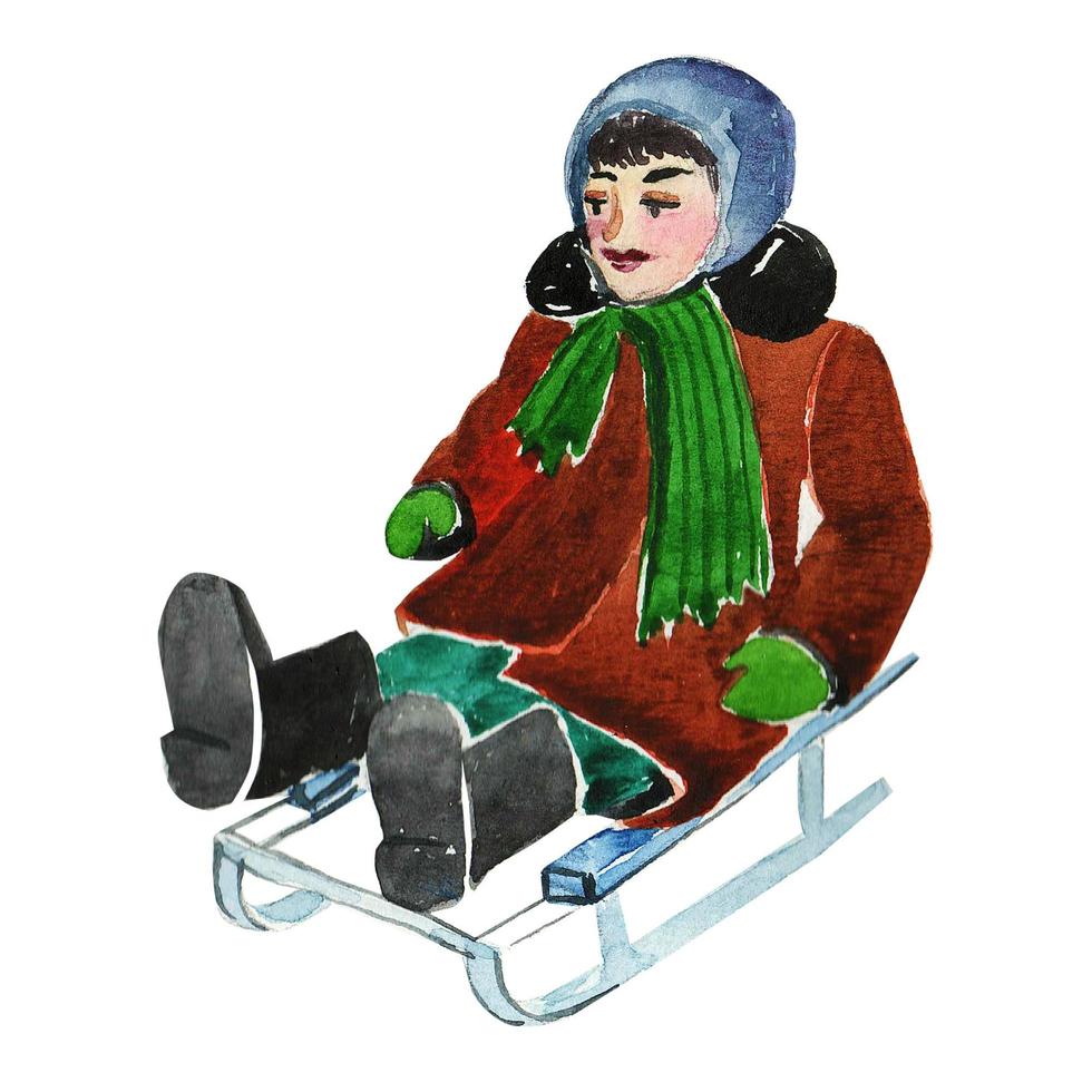 Child sledding, isolated hand-painted watercolor illustration photo