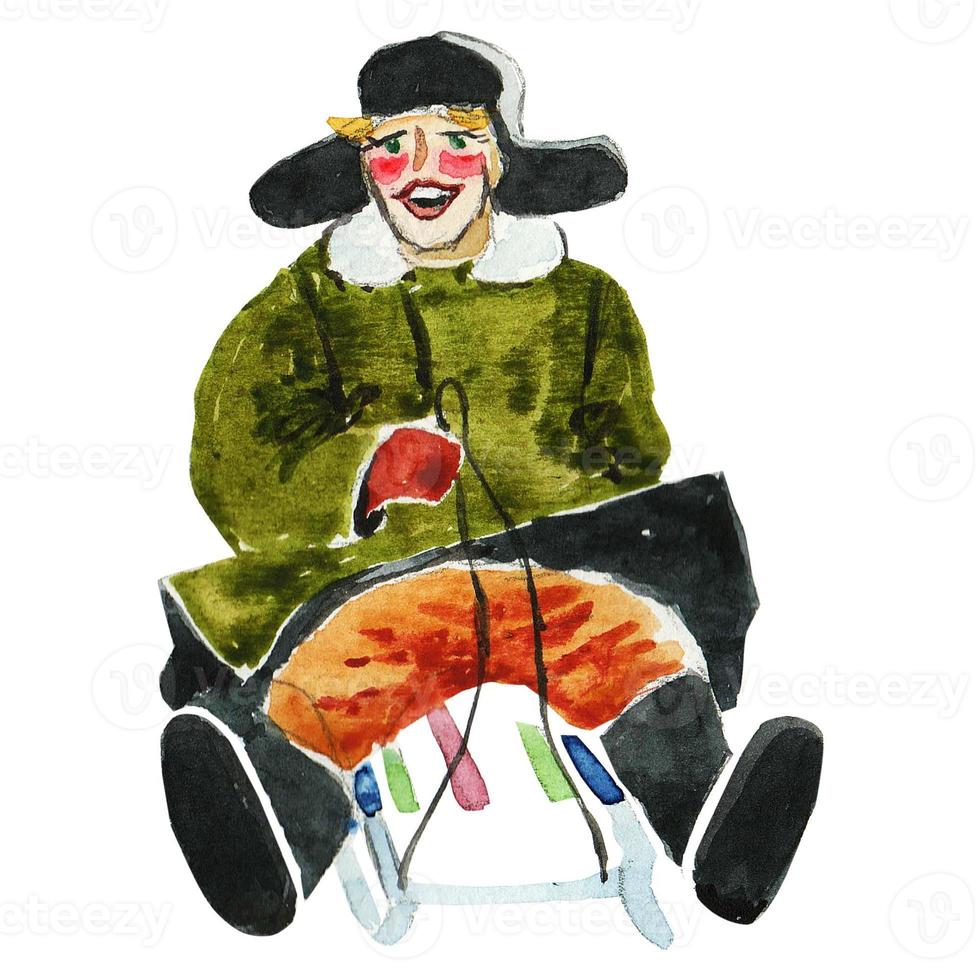 Child sledding, isolated hand-painted watercolor illustration photo