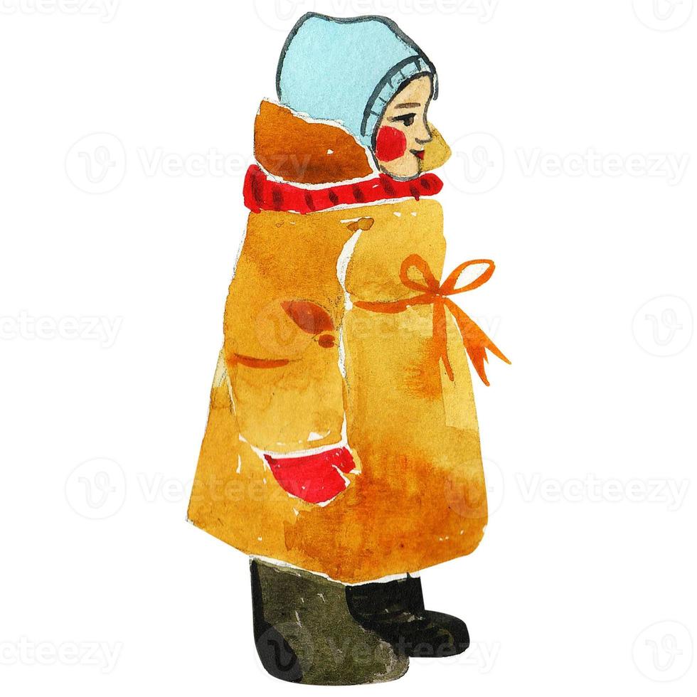 A child in winter in a warm fur coat. Vintage isolated watercolor hand-painted illustration. photo