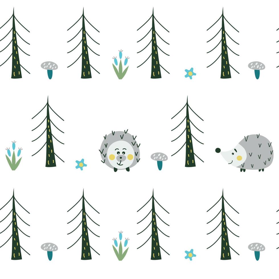 Seamless pattern with hedgehogs, trees, flowers and so on. Cute childish vector illustration.