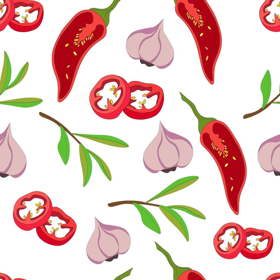 Seamless pattern of spices from garlic, pods and slices of red chili pepper, rosemary sprigs. Colorful juicy pattern for cooking, menu and fabric printing. Vector stock illustration.