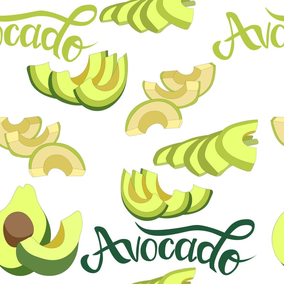 Seamless vegetable pattern of ripe avocado, slices and pieces, hand-drawn. Bright inscription, AVOCADO lettering. Printing on fabrics, labels, diary covers and other surfaces. vector illustration