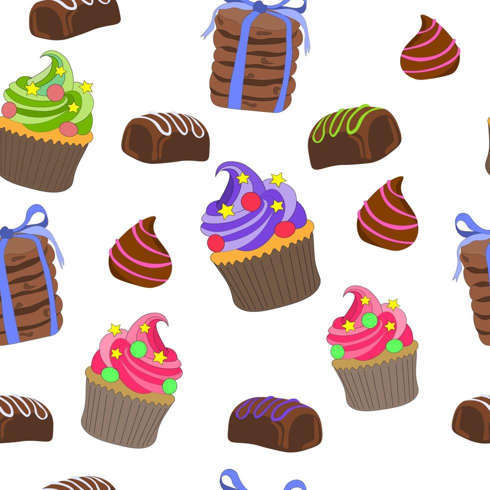 Seamless sweet pattern of muffins with bright whipped cream, candy truffles and bars, cookies tied with ribbon, hand-drawn. Printing on fabrics, labels, diary covers and other. vector illustration