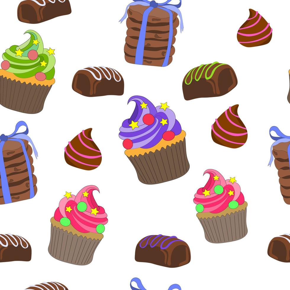 patrón dulce sin inconvenientes de muffins con crema batida brillante, trufas de caramelo y barras, galletas atadas con cinta, dibujadas a mano. impresión en telas, etiquetas, portadas de diarios y otros. ilustración vectorial vector