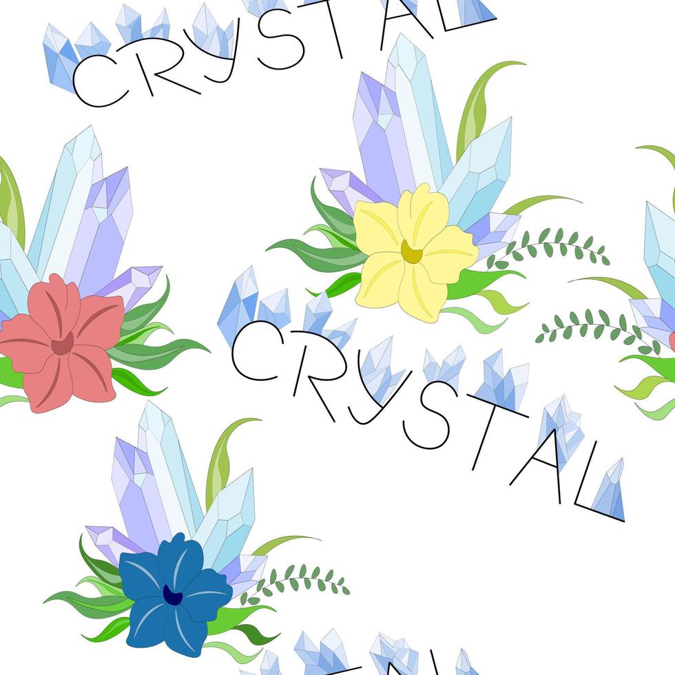 Colorful crystal seamless repeating large pattern with precious stones, mineral crystals and red, blue flower and leaves, vector illustration for textiles, interior design, diary covers.