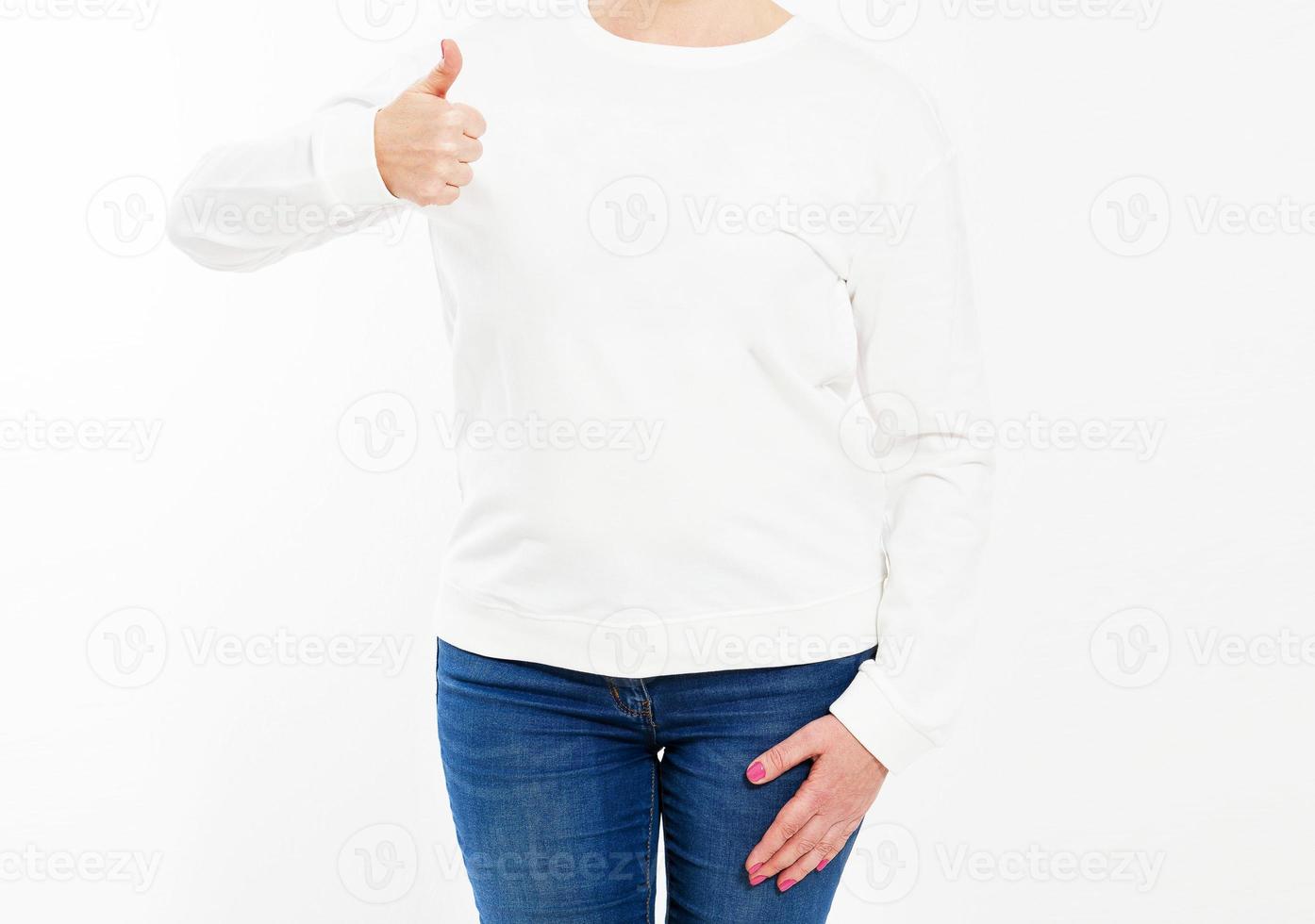 White pullover on a girl sjow like in shorts closeup, isolated, with copy space, mockup. photo