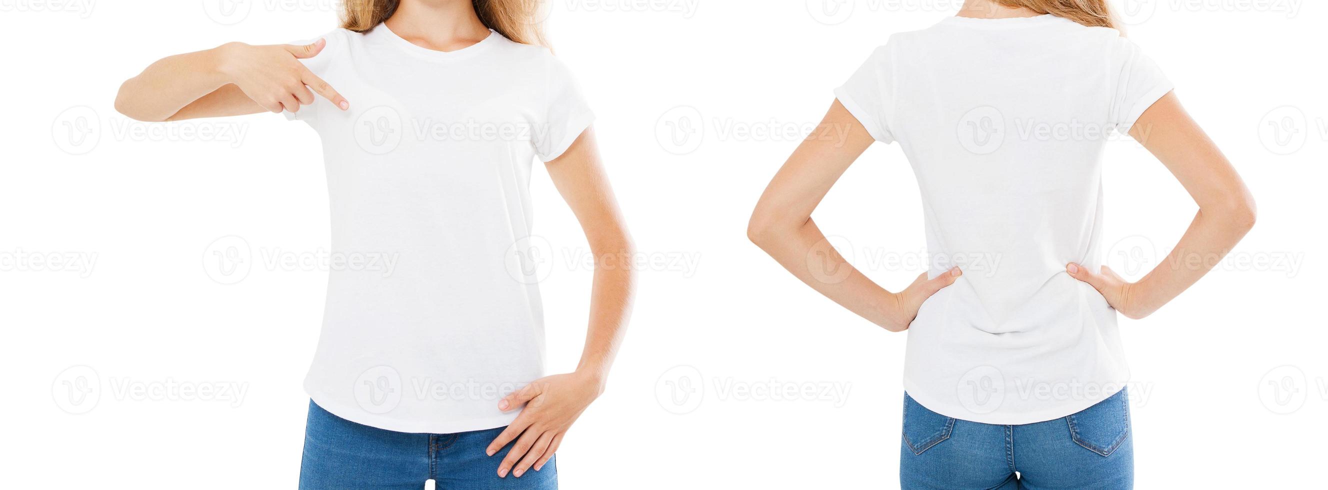 woman pointed on t shirt isolated on white background,mock up,cropped image photo