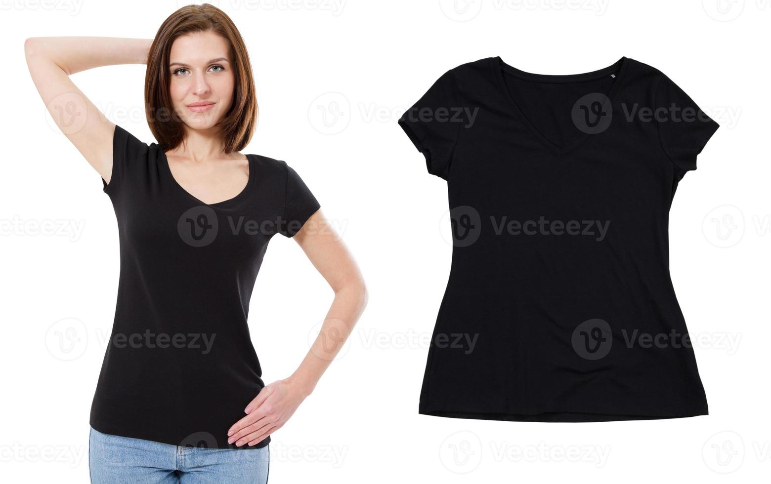 Model female in black t-shirt, black t shirt close up isolated on white background. Woman tshirt set photo