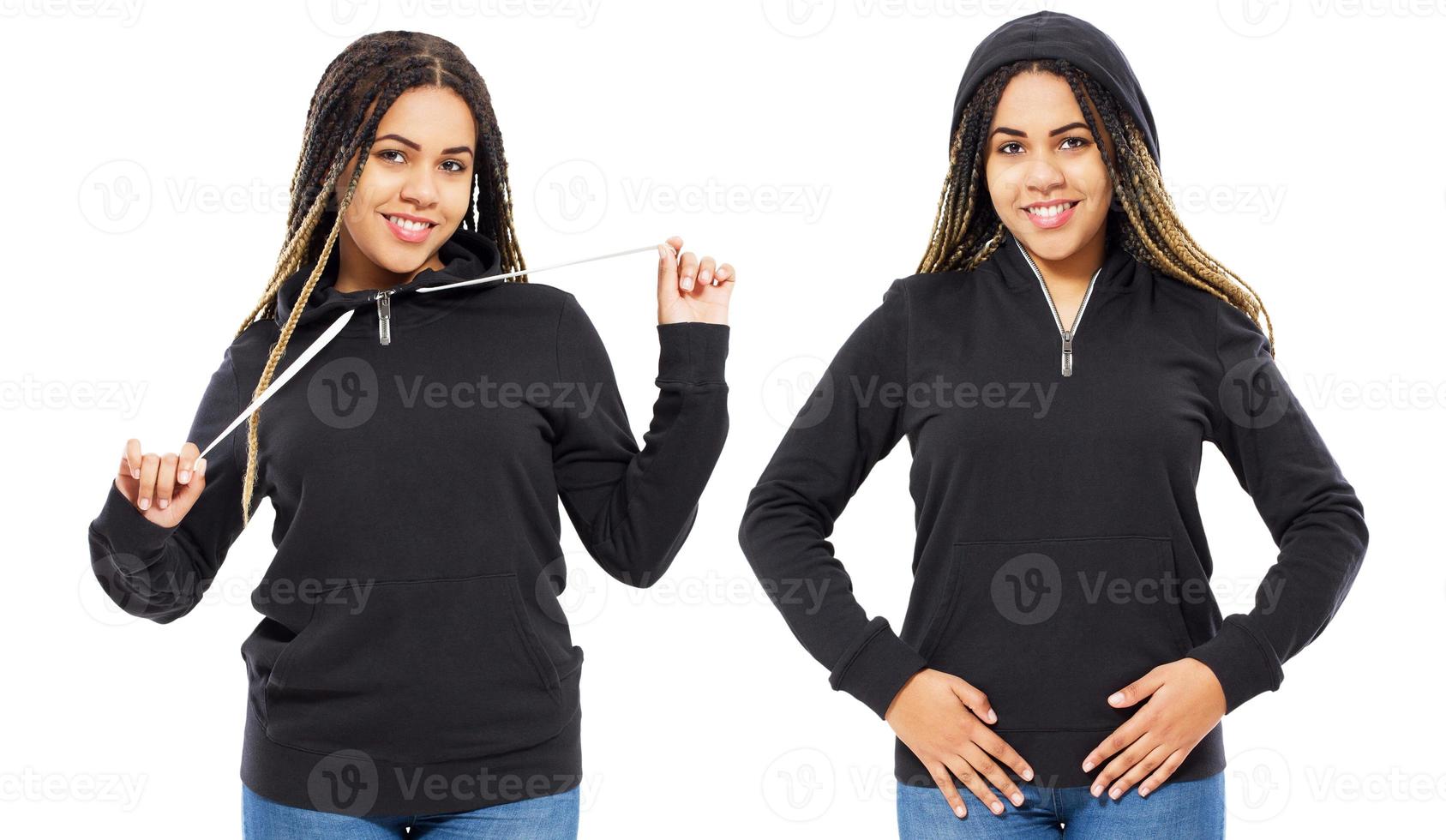 Woman in black hoodie hoody set front view, hoody mockup isolated on white background. Girl puts on a hood photo