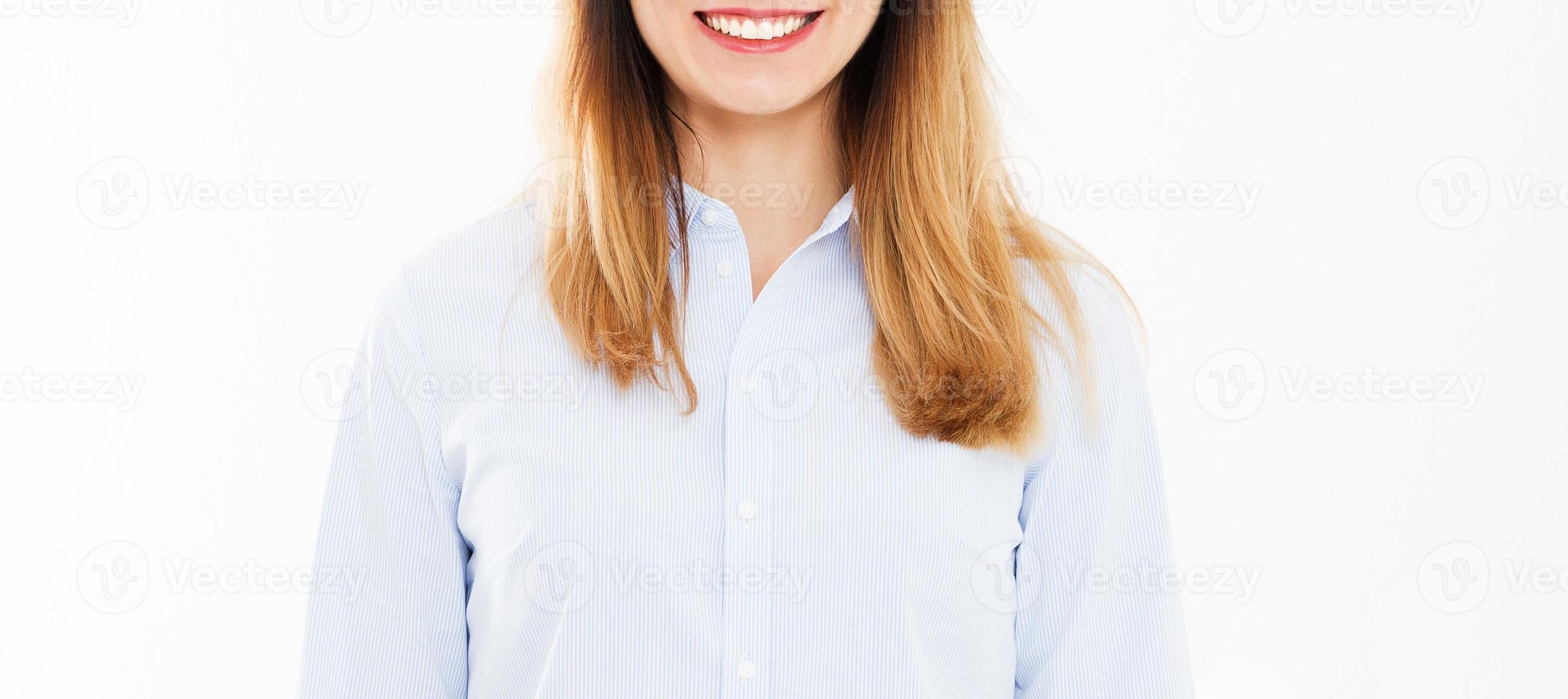 portrait smile woman, girl in shirt isolated on white background, copy space photo
