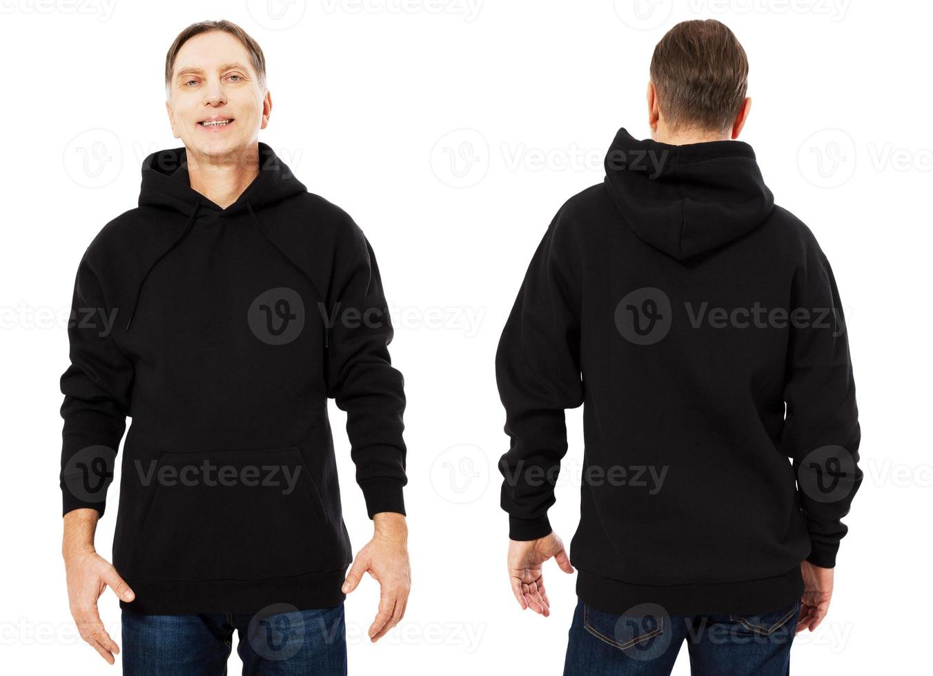 Happy man in template mens black hoodie sweatshirt isolated on white background. Man in blank black sweatshirt hoody with copy space and mockup for design logo print, Front and back view. photo