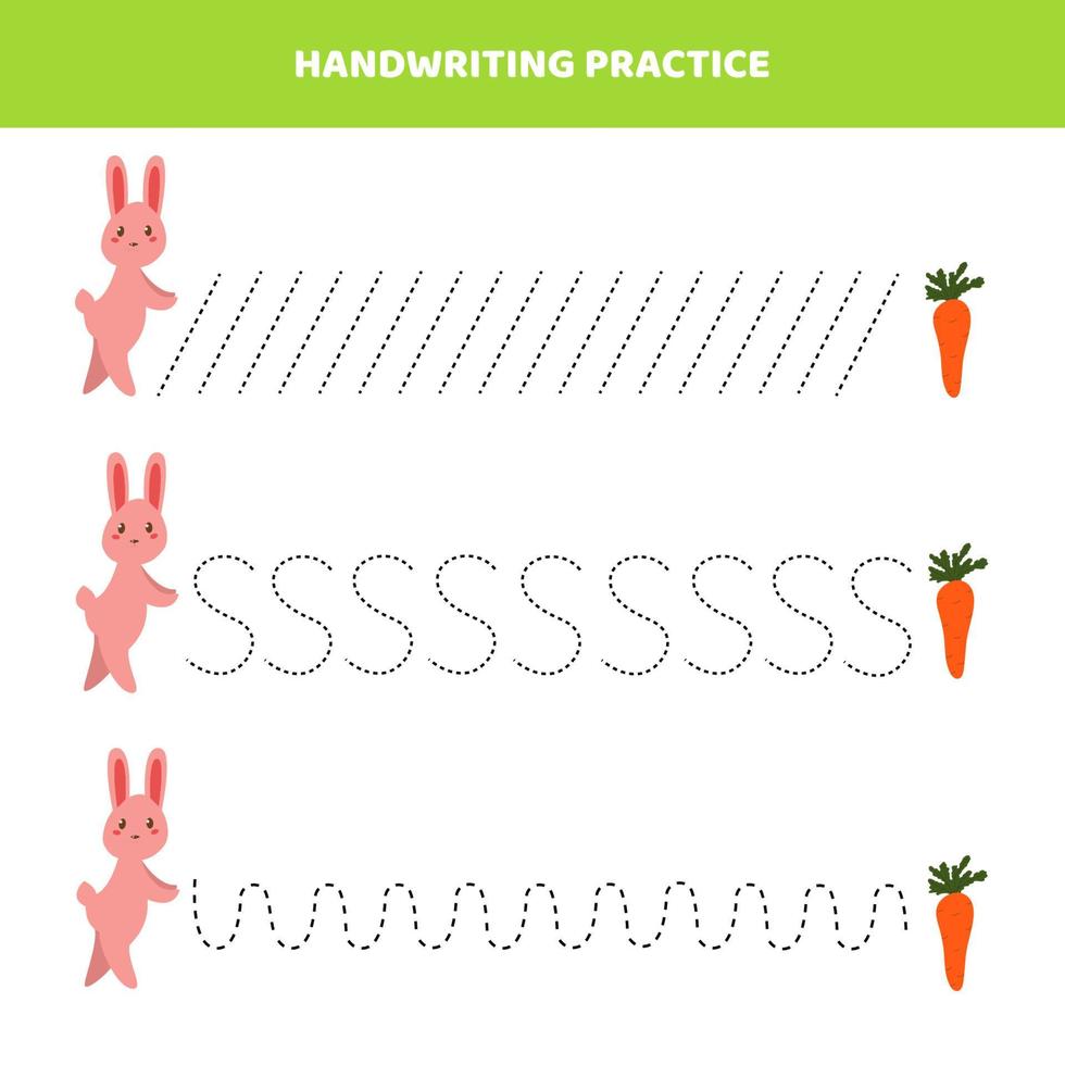 Handwriting practice for kids with cartoon hare and carrot. vector