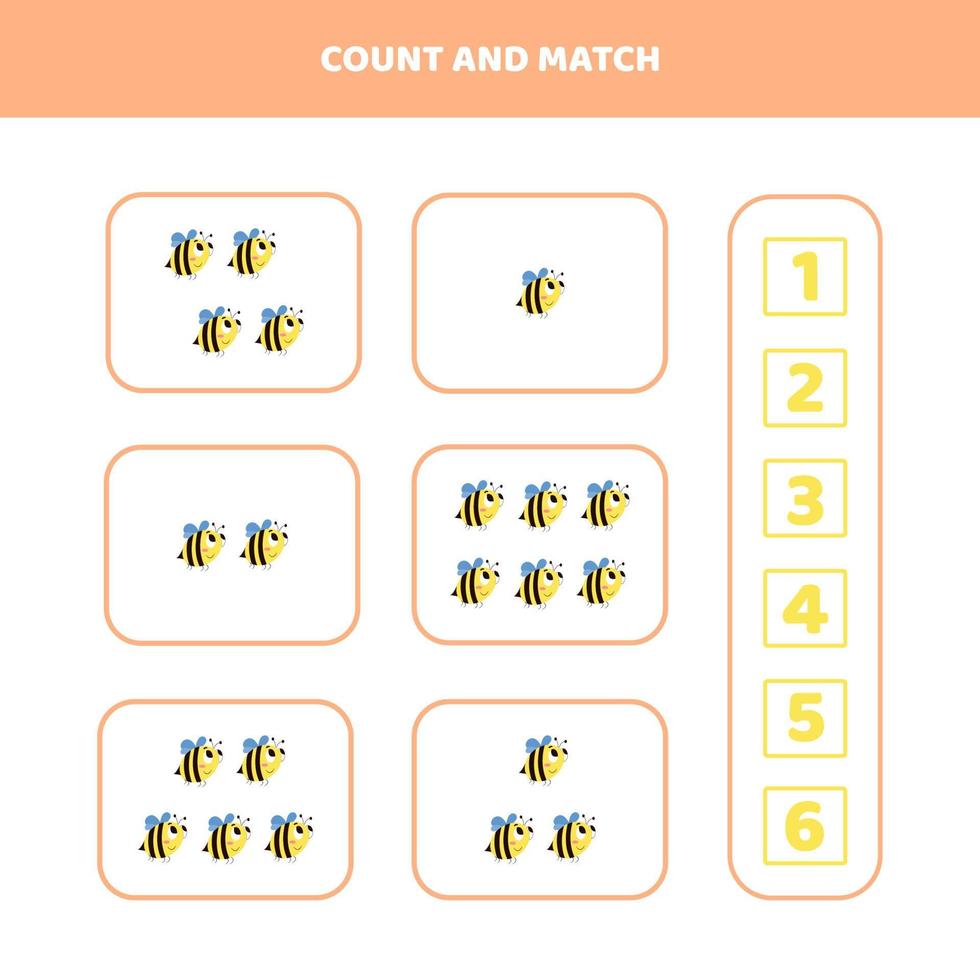 Count and match game for kids with a cartoon bee. vector